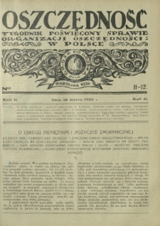 Oszczędność : tygodnik poświęcony sprawie organizacji oszczędności w Polsce. R. 2, nr 11-12 (28 marca 1926)