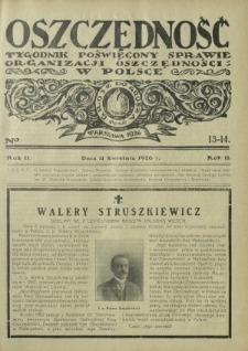 Oszczędność : tygodnik poświęcony sprawie organizacji oszczędności w Polsce. R. 2, nr 13-14 (11 kwietnia 1926)