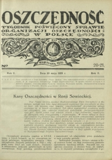 Oszczędność : tygodnik poświęcony sprawie organizacji oszczędności w Polsce. R. 2, nr 20-21 (30 maja 1926)