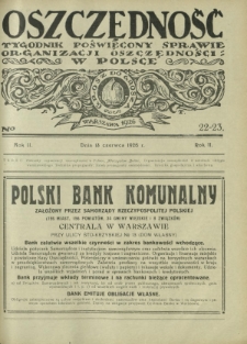 Oszczędność : tygodnik poświęcony sprawie organizacji oszczędności w Polsce. R. 2, nr 22-23 (13 czerwca 1926)