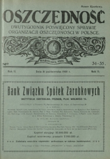 Oszczędność : tygodnik poświęcony sprawie organizacji oszczędności w Polsce. R. 2, nr 34-35 (31 października 1926)