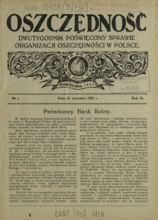 Oszczędność : dwutygodnik poświęcony sprawie organizacji oszczędności w Polsce. R. 3, nr 1 (16 stycznia 1927)
