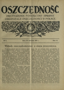 Oszczędność : dwutygodnik poświęcony sprawie organizacji oszczędności w Polsce. R. 3, nr 8 (30 kwietnia 1927)