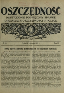 Oszczędność : dwutygodnik poświęcony sprawie organizacji oszczędności w Polsce. R. 3, nr 12 (30 czerwca 1927)