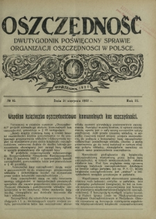 Oszczędność : dwutygodnik poświęcony sprawie organizacji oszczędności w Polsce. R. 3, nr 16 (31 sierpnia 1927)
