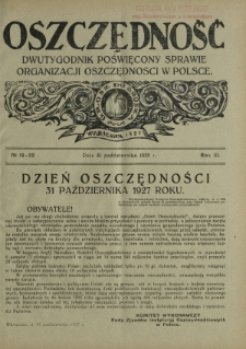 Oszczędność : dwutygodnik poświęcony sprawie organizacji oszczędności w Polsce. R. 3, nr 19-20 (31 października 1927)