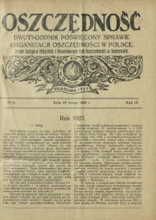 Oszczędność : dwutygodnik poświęcony sprawie organizacji oszczędności w Polsce. R. 4, nr 4 (29 lutego 1928)