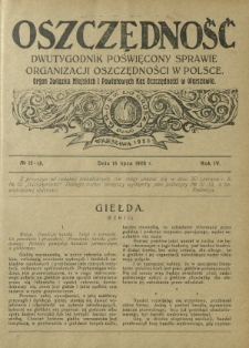 Oszczędność : dwutygodnik poświęcony sprawie organizacji oszczędności w Polsce. R. 4, nr 12-13 (15 lipca 1928)
