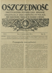 Oszczędność : dwutygodnik poświęcony sprawie organizacji oszczędności w Polsce. R. 4, nr 19 (15 października 1928)