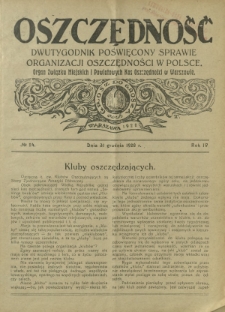 Oszczędność : dwutygodnik poświęcony sprawie organizacji oszczędności w Polsce. R. 4, nr 24 (31 grudnia 1928)