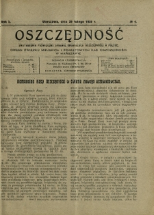 Oszczędność : dwutygodnik poświęcony sprawie organizacji oszczędności w Polsce. R. 5, nr 4 (28 lutego 1929)