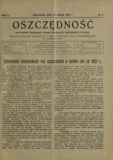 Oszczędność : dwutygodnik poświęcony sprawie organizacji oszczędności w Polsce. R. 5, nr 5 (15 marca 1929)