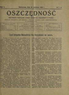 Oszczędność : dwutygodnik poświęcony sprawie organizacji oszczędności w Polsce. R. 5, nr 7-8 (25 kwietnia 1929)