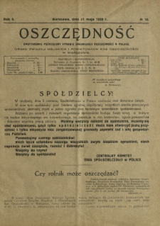 Oszczędność : dwutygodnik poświęcony sprawie organizacji oszczędności w Polsce. R. 5, nr 10 (31 maja 1929)