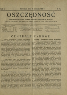 Oszczędność : dwutygodnik poświęcony sprawie organizacji oszczędności w Polsce. R. 5, nr 11 (15 czerwca 1929)