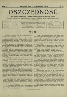 Oszczędność : dwutygodnik poświęcony sprawie organizacji oszczędności w Polsce. R. 5, nr 19 (15 października 1929)