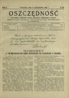 Oszczędność : dwutygodnik poświęcony sprawie organizacji oszczędności w Polsce. R. 5, nr 20 (31 października 1929)
