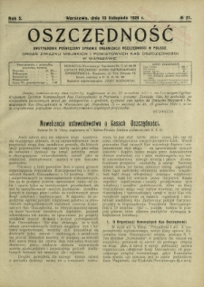 Oszczędność : dwutygodnik poświęcony sprawie organizacji oszczędności w Polsce. R. 5, nr 21 (15 listopada 1929)