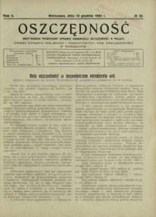 Oszczędność : dwutygodnik poświęcony sprawie organizacji oszczędności w Polsce. R. 5, nr 23 (15 grudnia 1929)