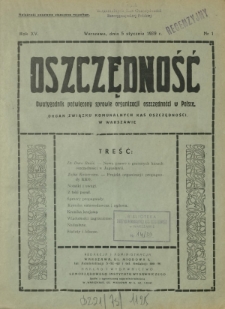 Oszczędność : dwutygodnik poświęcony sprawie organizacji oszczędności w Polsce. R. 15, nr 1(5 stycznia 1939)