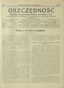 Oszczędność : dwutygodnik poświęcony sprawie organizacji oszczędności w Polsce. R. 7, nr 4 (28 lutego 1931)