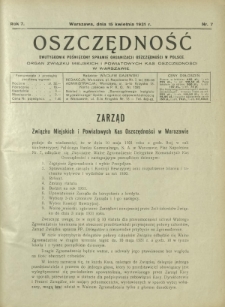Oszczędność : dwutygodnik poświęcony sprawie organizacji oszczędności w Polsce. R. 7, nr 7 (15 kwietnia 1931)