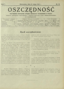 Oszczędność : dwutygodnik poświęcony sprawie organizacji oszczędności w Polsce. R. 7, nr 10 (31 maja 1931)