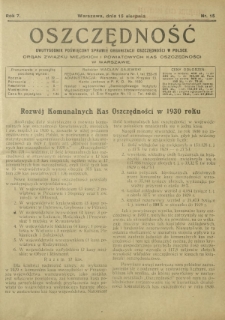 Oszczędność : dwutygodnik poświęcony sprawie organizacji oszczędności w Polsce. R. 7, nr 15 (15 sierpnia 1931)