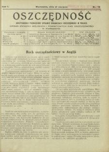 Oszczędność : dwutygodnik poświęcony sprawie organizacji oszczędności w Polsce. R. 7, nr 16 (31 sierpnia 1931)