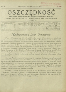 Oszczędność : dwutygodnik poświęcony sprawie organizacji oszczędności w Polsce. R. 7, nr 18 (30 września 1931)