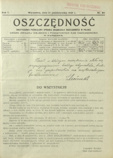 Oszczędność : dwutygodnik poświęcony sprawie organizacji oszczędności w Polsce. R. 7, nr 20 (31 października 1931)