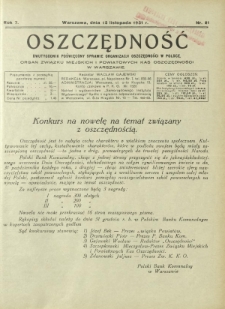Oszczędność : dwutygodnik poświęcony sprawie organizacji oszczędności w Polsce. R. 7, nr 21 (15 listopada 1931)