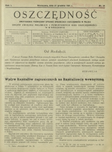 Oszczędność : dwutygodnik poświęcony sprawie organizacji oszczędności w Polsce. R. 7, nr 24 (31 grudnia 1931)