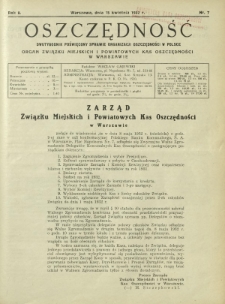 Oszczędność : dwutygodnik poświęcony sprawie organizacji oszczędności w Polsce. R. 8, nr 7 (15 kwietnia 1932)