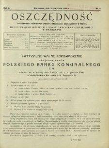 Oszczędność : dwutygodnik poświęcony sprawie organizacji oszczędności w Polsce. R. 8, nr 8 (30 kwietnia 1932)