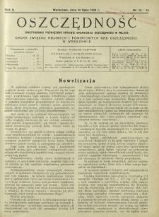 Oszczędność : dwutygodnik poświęcony sprawie organizacji oszczędności w Polsce. R. 8, nr 13-14 (15 lipca 1932)