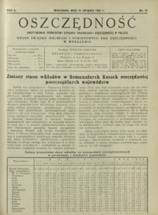 Oszczędność : dwutygodnik poświęcony sprawie organizacji oszczędności w Polsce. R. 8, nr 17 (31 sierpnia 1932)