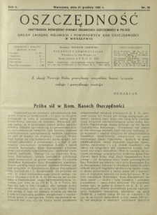 Oszczędność : dwutygodnik poświęcony sprawie organizacji oszczędności w Polsce. R. 8, nr 25 (31 grudnia 1932)