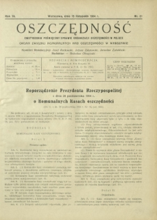 Oszczędność : dwutygodnik poświęcony sprawie organizacji oszczędności w Polsce. R. 10, nr 21 (15 listopada 1934)