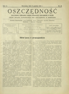 Oszczędność : dwutygodnik poświęcony sprawie organizacji oszczędności w Polsce. R. 10, nr 23 (15 grudnia 1934)