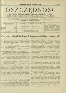 Oszczędność : dwutygodnik poświęcony sprawie organizacji oszczędności w Polsce. R. 11, nr 16 (31 sierpnia 1935)