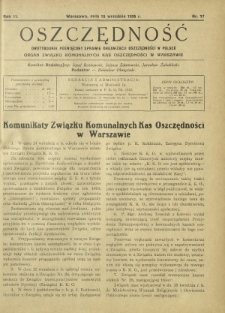 Oszczędność : dwutygodnik poświęcony sprawie organizacji oszczędności w Polsce. R. 11, nr 17 (15 września 1935)