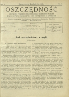 Oszczędność : dwutygodnik poświęcony sprawie organizacji oszczędności w Polsce. R. 11, nr 19 (15 października 1935)