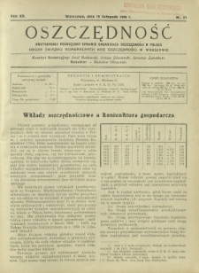 Oszczędność : dwutygodnik poświęcony sprawie organizacji oszczędności w Polsce. R. 12, nr 21 (15 listopada 1936)