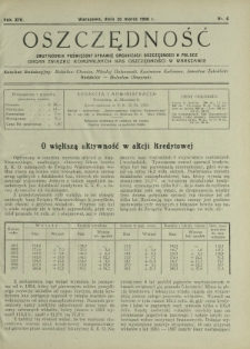 Oszczędność : dwutygodnik poświęcony sprawie organizacji oszczędności w Polsce. R.14, nr 6 (20 marca 1938)