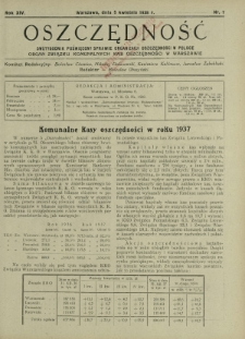 Oszczędność : dwutygodnik poświęcony sprawie organizacji oszczędności w Polsce. R.14, nr 7 (5 kwietnia 1938)