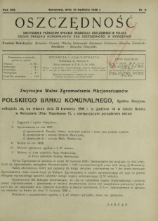 Oszczędność : dwutygodnik poświęcony sprawie organizacji oszczędności w Polsce. R.14, nr 8 (20 kwietnia 1938)