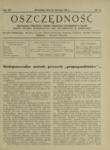 Oszczędność : dwutygodnik poświęcony sprawie organizacji oszczędności w Polsce. R.14, nr 12 (20 czerwca 1938)