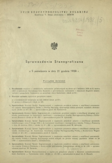 Sprawozdanie Stenograficzne z 5 Posiedzenia Sejmu Rzeczypospolitej w dniu 21 grudnia 1938 r. (V Kadencja 1938-1939)