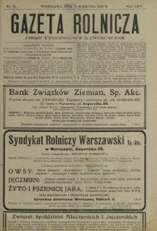 Gazeta Rolnicza : pismo tygodniowe ilustrowane. R. 64, nr 15 (11 kwietnia 1924)